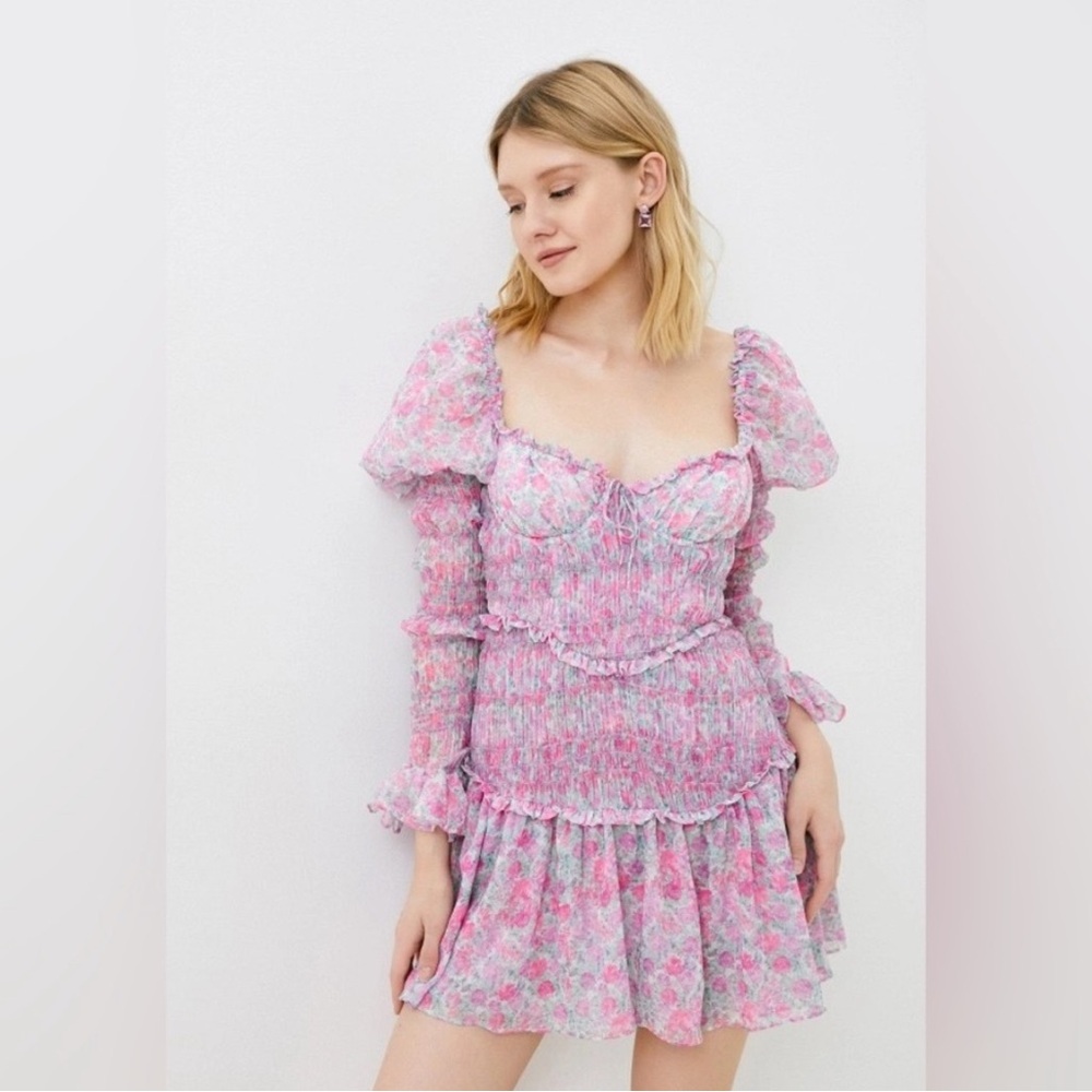 For Love and Lemons Oakley Dress Pink Smocked Floral Mini Festival SZ Small